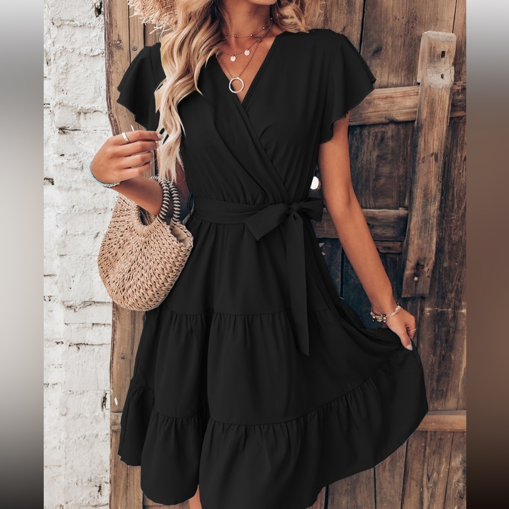 SHEIN Women’s VCAY Butterfly Sleeve Ruffle Belted Dress •Size: S •Color: Black